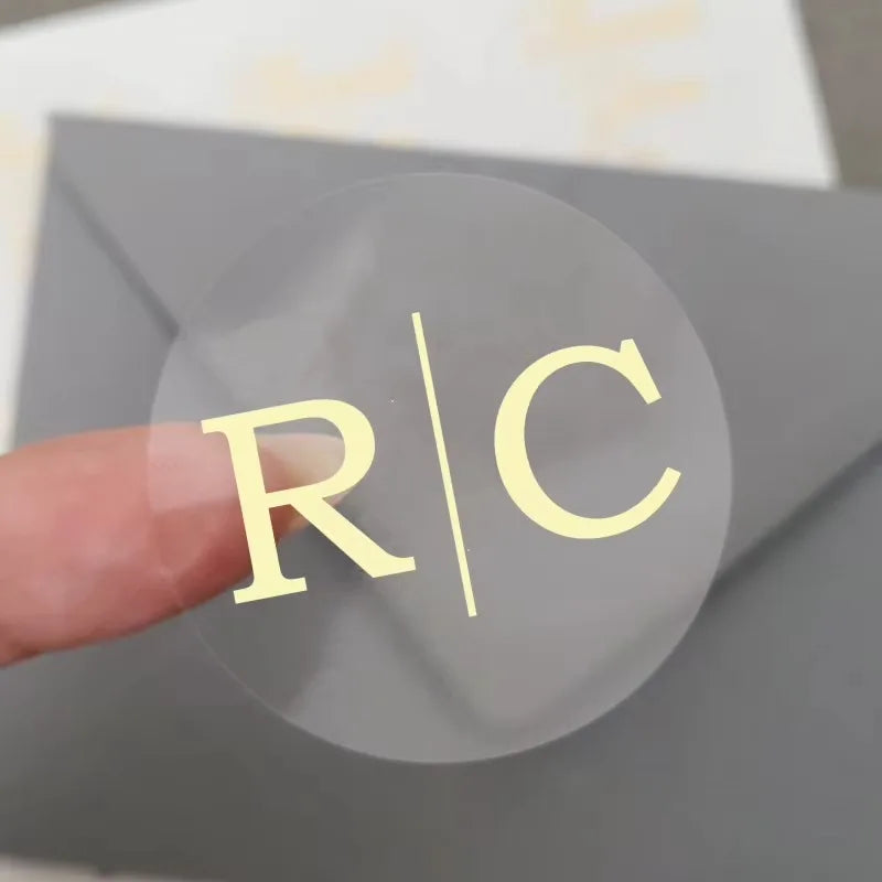 50pcs Custom Transparent Wedding Stickers, Square Transparent Stickers, Personalized Wedding Stickers with Gold Foil Labels