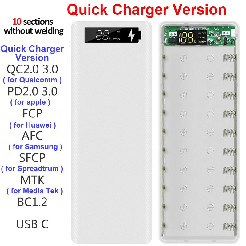 Welding Free 10*18650 Battery Storage Box 2 USB Power Bank Case 5/12V DIY Shell 18650 Battery Holder Case PD QC 3.0 Quick Charge