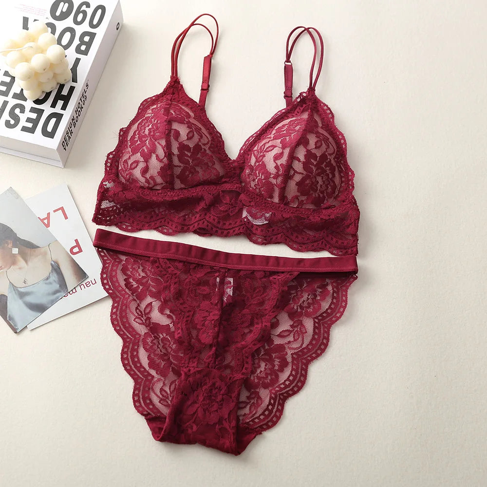 Lace Bra And Panties Set Women Push-Up Bralette Low-Rise Briefs Padded Lingerie Set Female Wireless Underwear Sexy Intimates