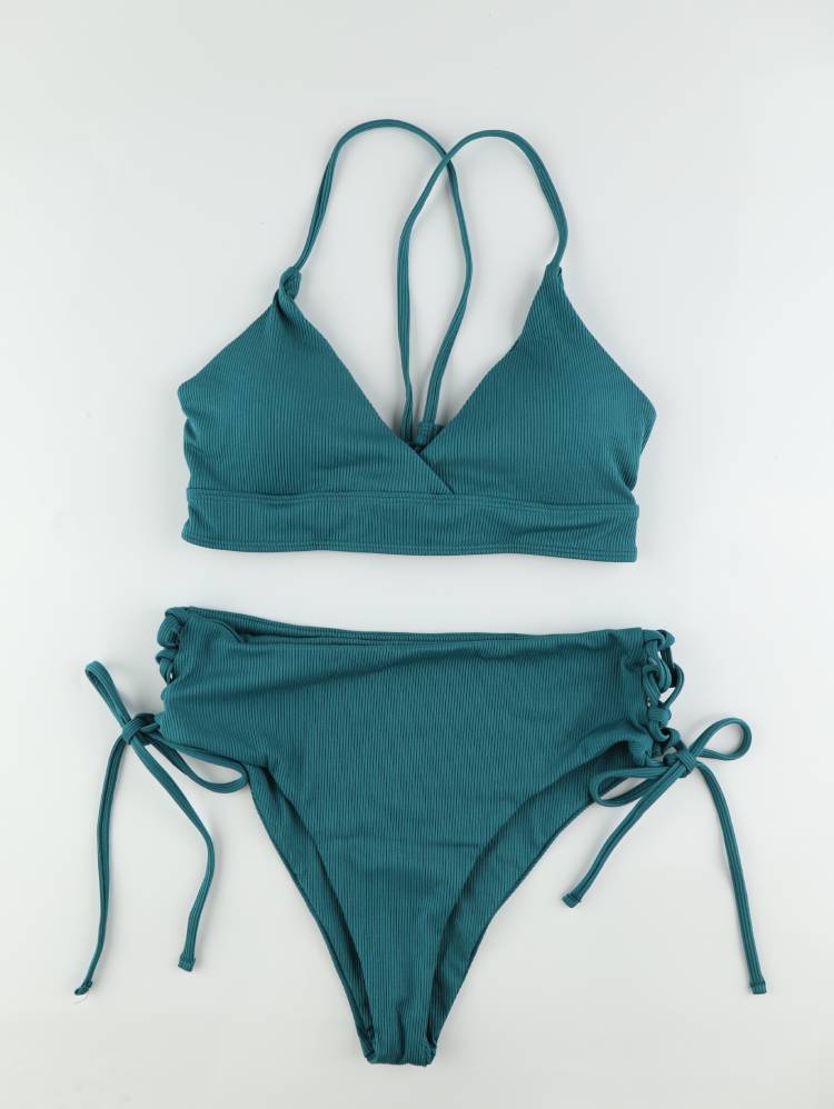 New European and American Swimwear Women Cross-border Solid Color V-neck Sexy Bikini suit High Waist Drawstring Split Swimsuit