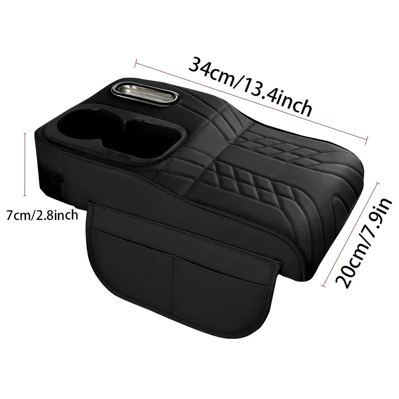 Car Center Console Organizer Non - Slip Leather Armrest Cushion with Side Pocket Tissue Box Cup Holder Black