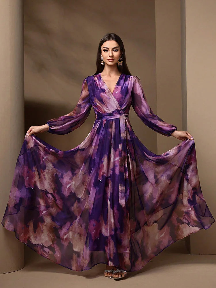 TOLEEN 2024 New Casual Elegant Mesh Party Maxi Dresses Summer Women's V-Neck Cross Wrap Elegant Long Sleeve Random Print Dress