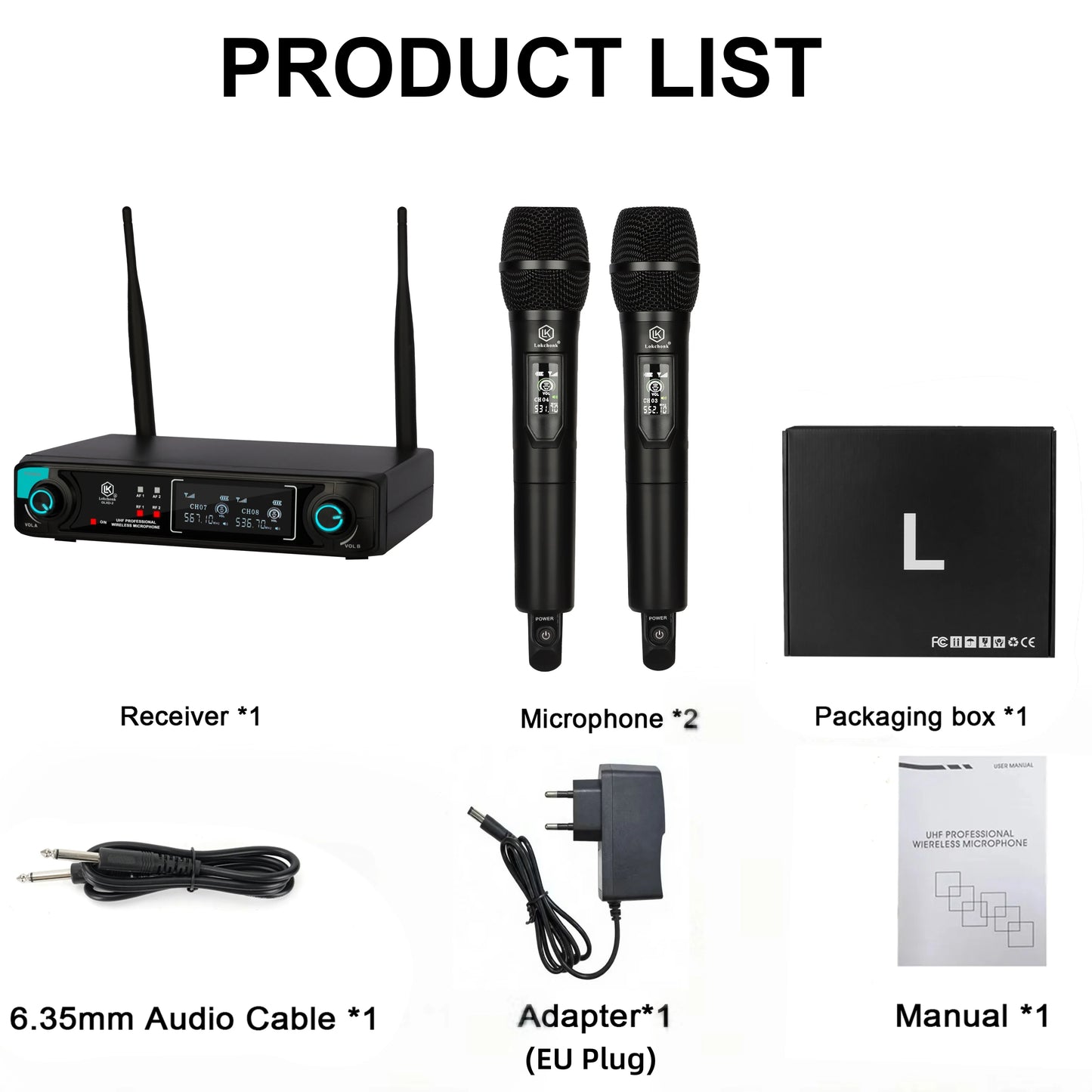 Lokchonk GLXD-2 Pro Professional Dual Channel Wireless Microphone System with 2 Handheld Mics for Stage Karaoke Speech Teaching