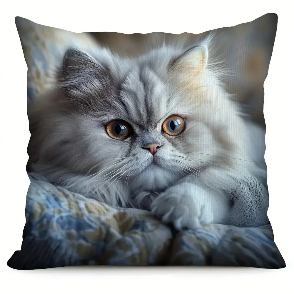 Realistic Cat Pillowcase, Fluffy Persian Cat Cushion Cover, Animal Portrait Art, Cozy Home Decor for Living Room Bedroom