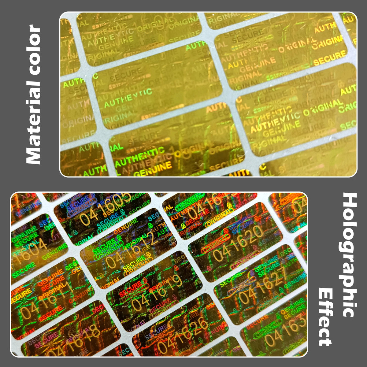 Gold Tamper Proof Hologram Stickers, High Security Labels, Warranty Void Seal, Original, Genuine, 2x1cm