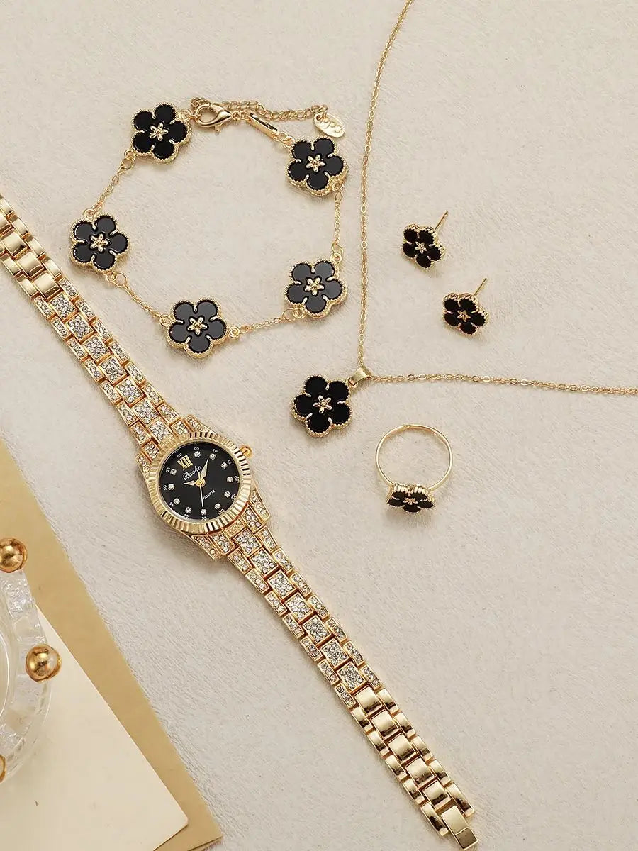 Luxury Gold Crystal Watch Black Clover Jewelry Set | Round Dial | 5-Piece Floral Gift Set for Women