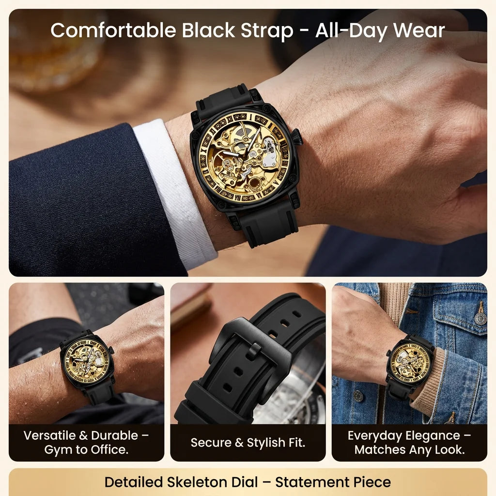 1pcs Men's gold dial silicone strap vintage fashion skeleton gear luxury details Mechanical Watch for daily business party holid