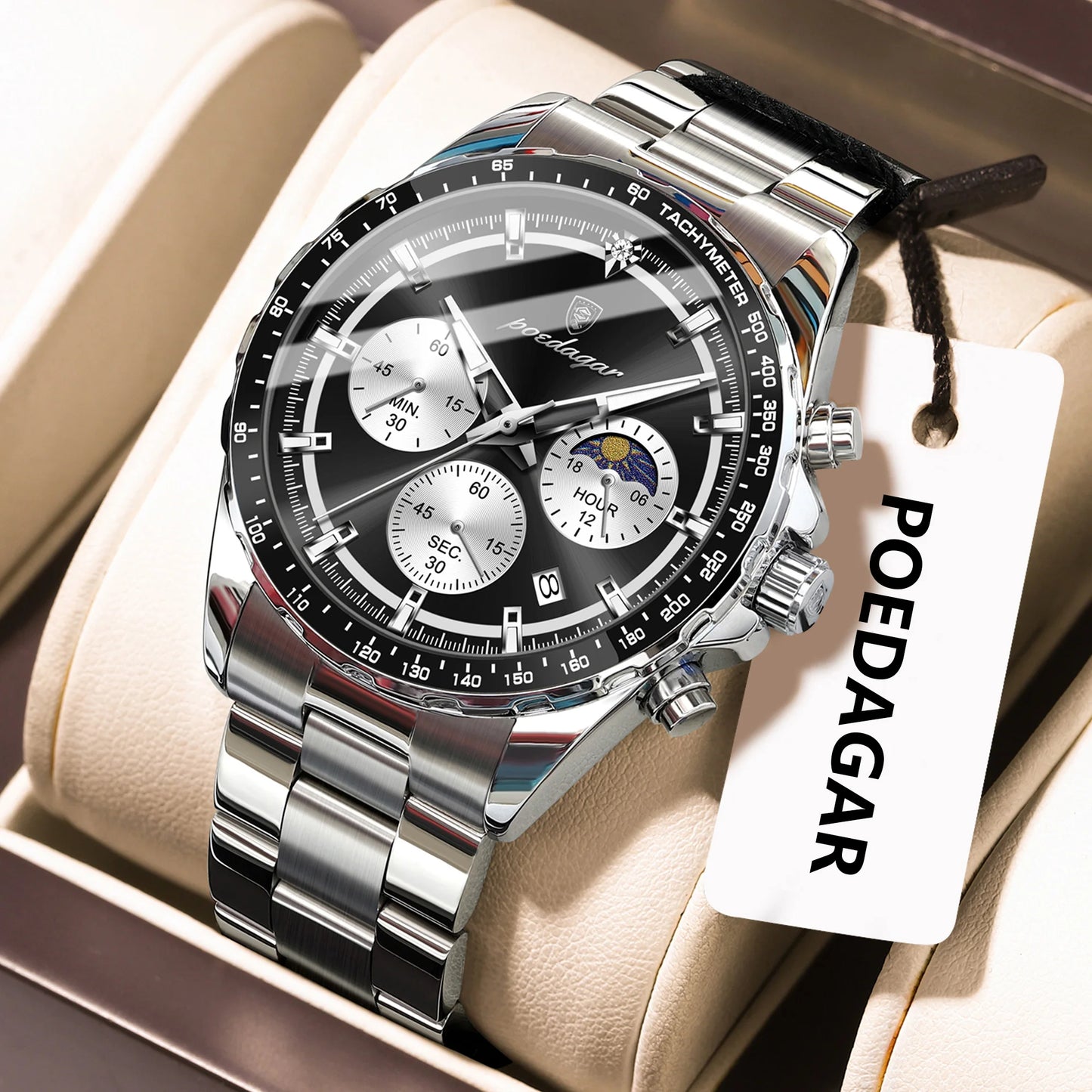 POEDAGAR Top Original Man Wristwatch Waterproof Stainless Steel Luminous Men Clock Chronograph Date Quartz Sports Men's Watches