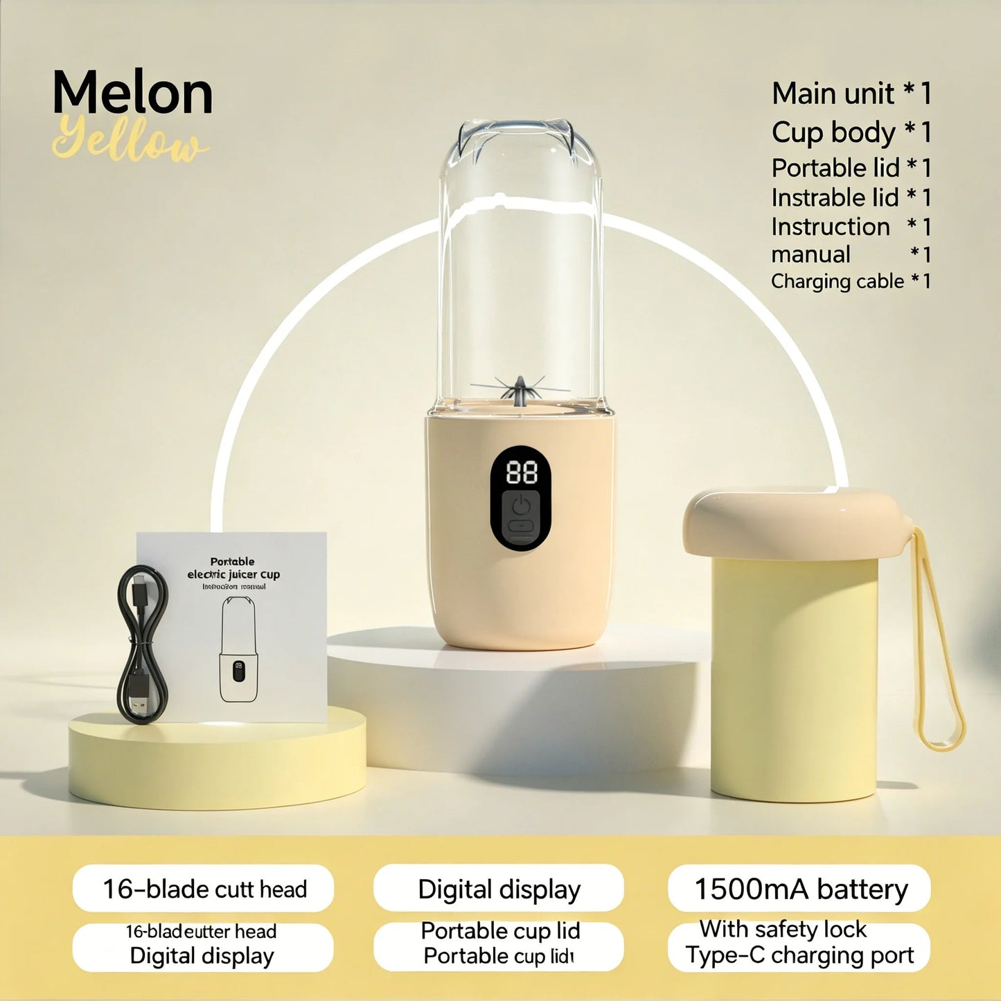 500ML 16 Stainless Blades Wireless USB Rechargeable Portable Blender with Lid Fruit Vegetable Smoothie Orange Juicer Mixer