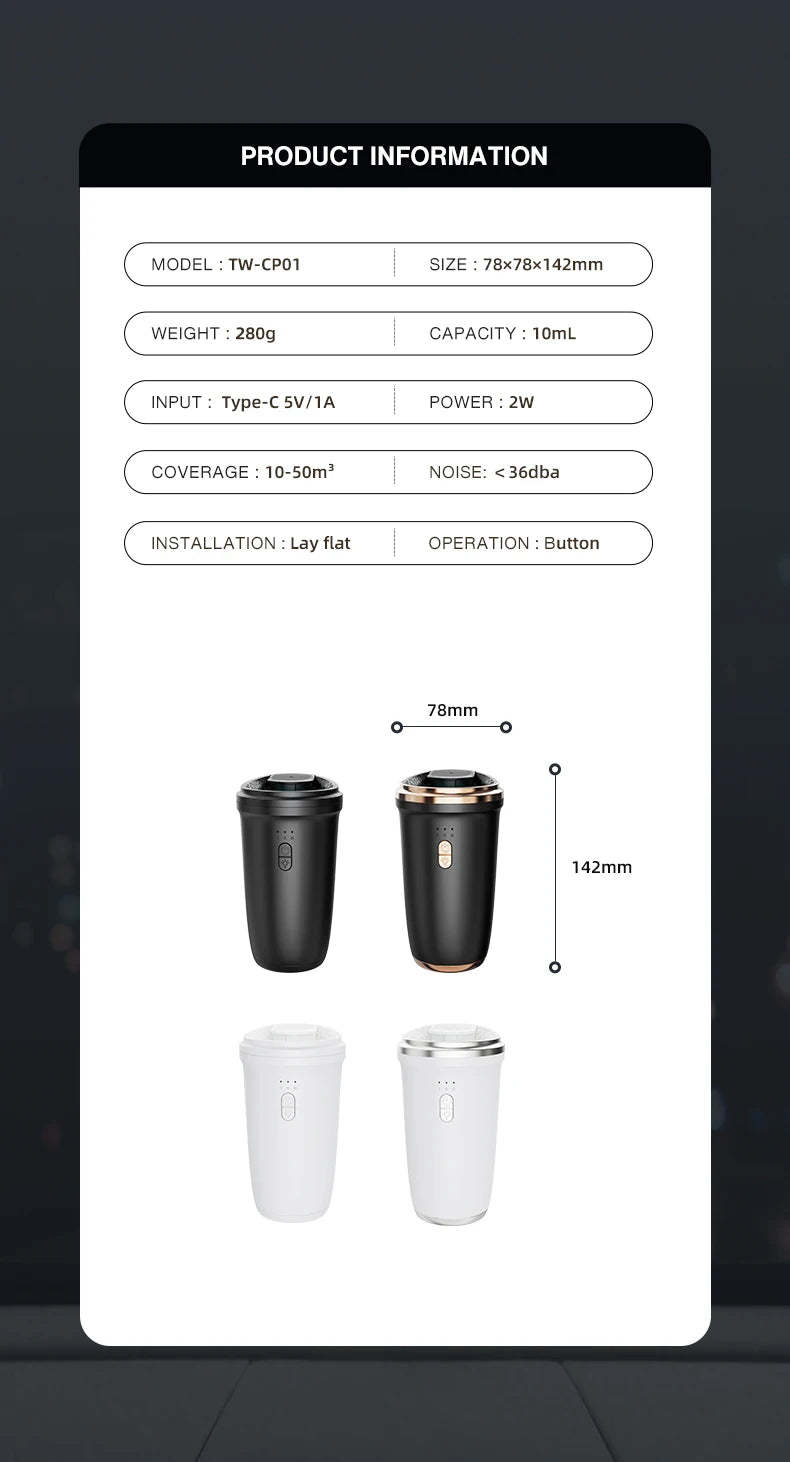 Namste 50m³ Car Air Freshener Perfume Aroma Diffuser No Water Essential Oils Aluminum Alloy Material Button Type-c Charge