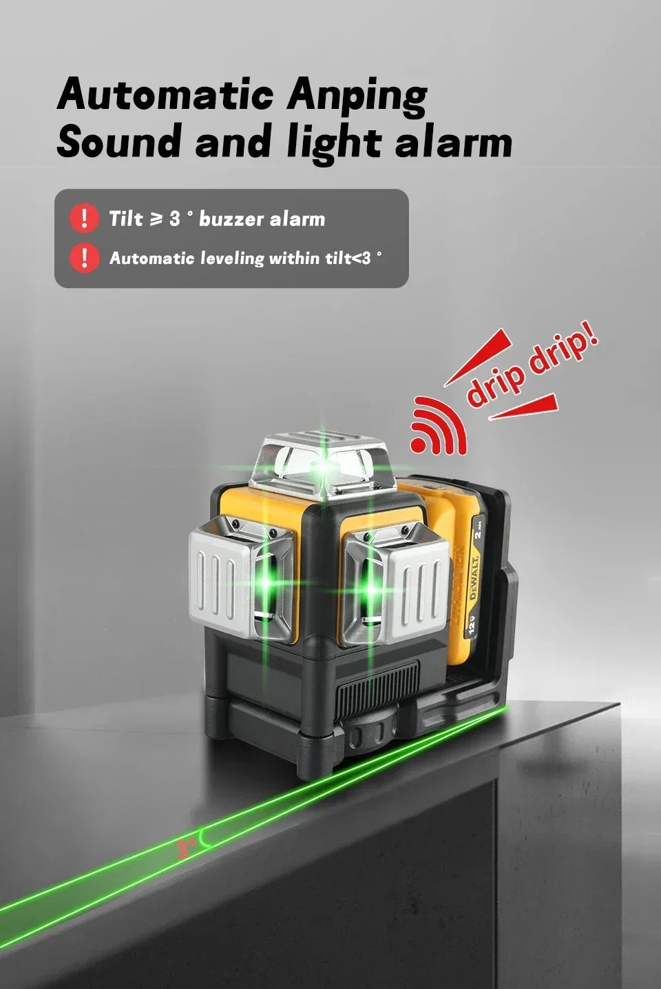 NOWY Dewalt DW089LG 3 płaszczyzny*360 stopni pionowo, akumulator litowy 12 V, poziomica laserowa 12 linii 360 poziomo, zielony miernik zewnętrzny – 2025