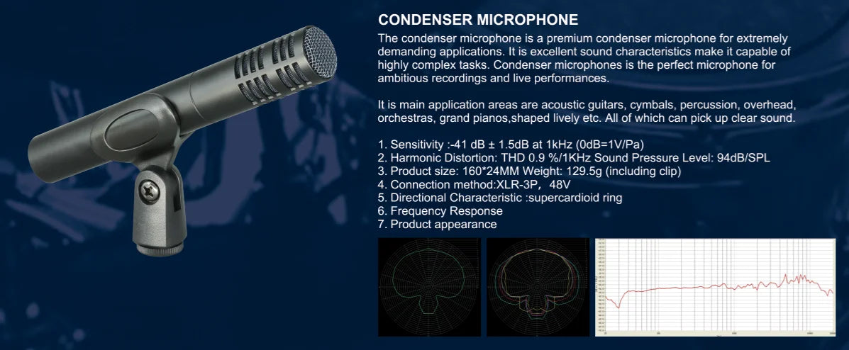 Condenser Instrument Microphone Drum Shaped Instrument Megaphone With Clamp Mount Cardioid Mic for Stage Performance