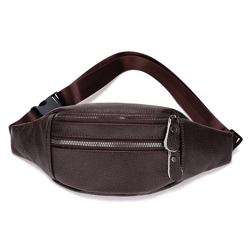 Men's Genuine Leather Chest Bag Double Zipper Cowhide Fanny Pack Casual Crossbody Sling Bag for Daily Commute & Travel