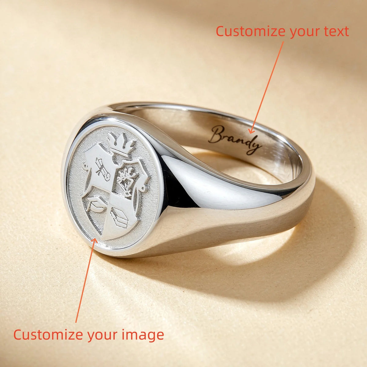 Family Crest Signet Ring Custom Image Logo Engraved Wax Seal Ring Inner Text Engraving 18K Gold Plated Heirloom Jewelry Gifts
