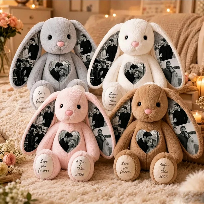Custom Heart Photo Bunny Plush – Personalized Hidden Ear Picture Bunny Custom Text Anniversary Gift for Couples Sweethearts