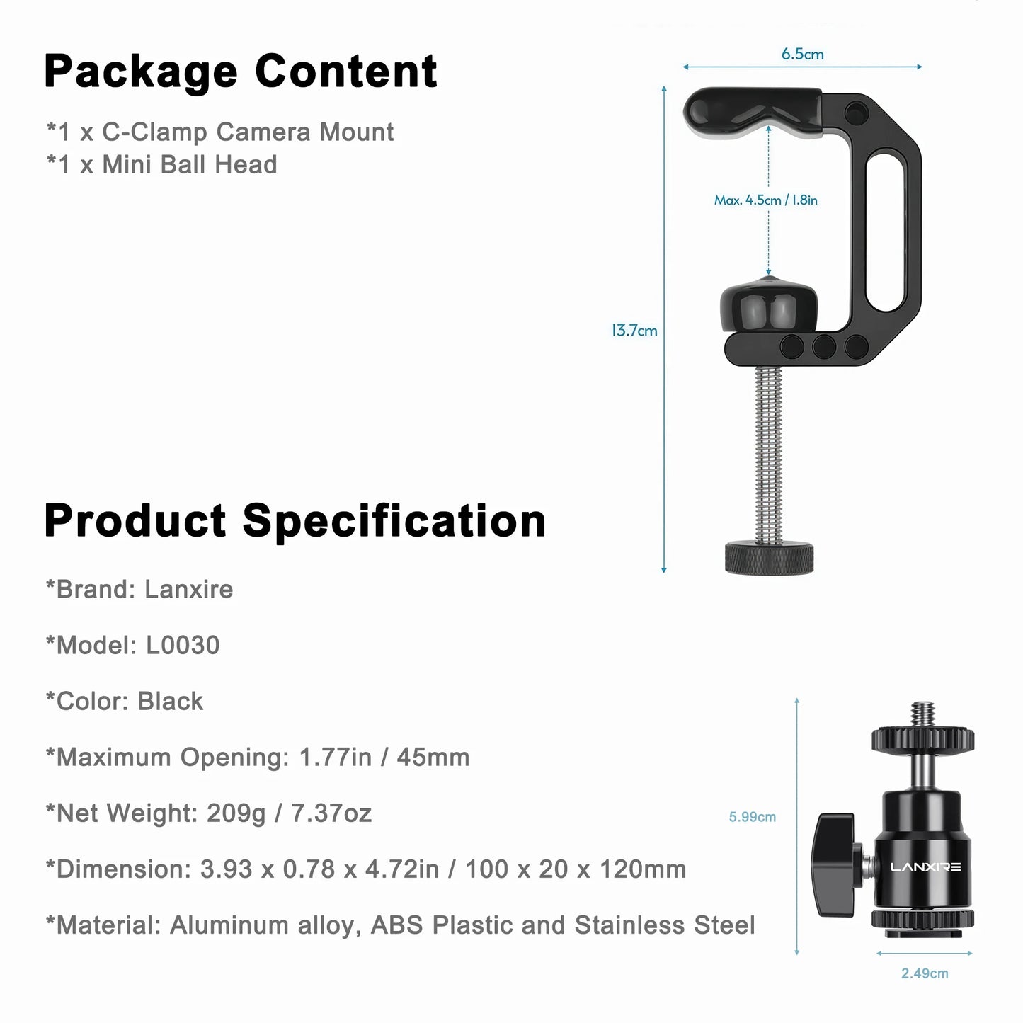 Lanxire C Clamp Camera Mount Clamp with 1/4" Screw Mini Ball Head for Camera, Gopro, Insta360, Flash Light, Monitor, Microphone
