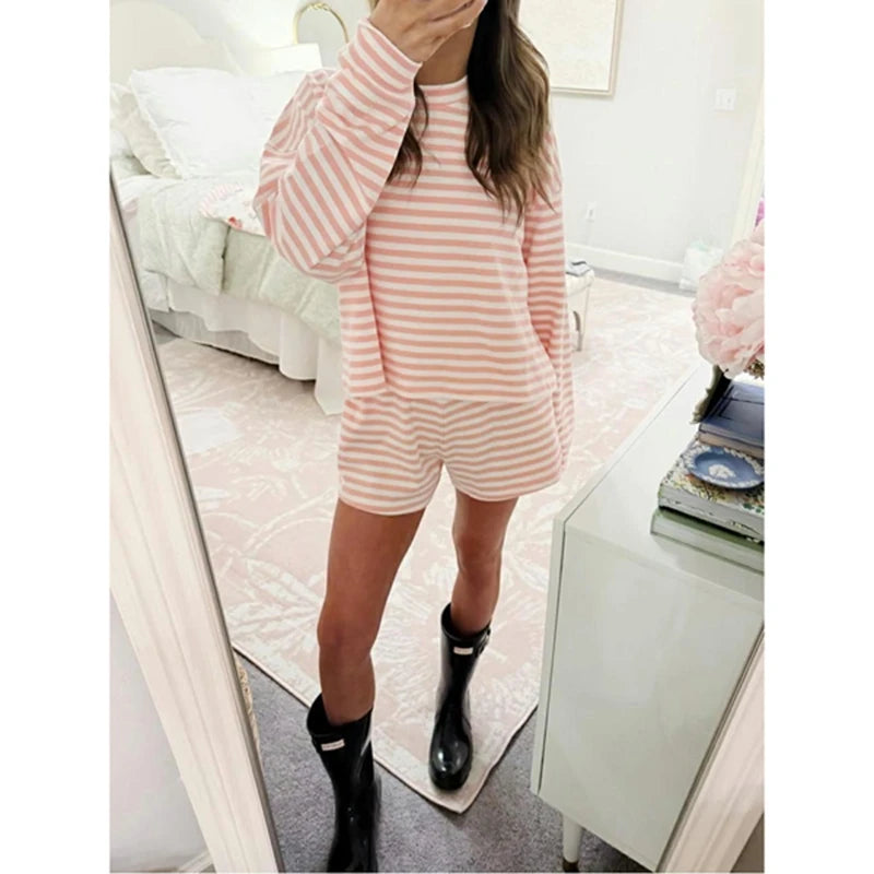 Combhasaki Women 2Piece Striped Y2k Outfits Set Casual Long Sleeve Crew Neck Shirt Tops+Elastic Waist Wide Leg Shorts Tracksuits