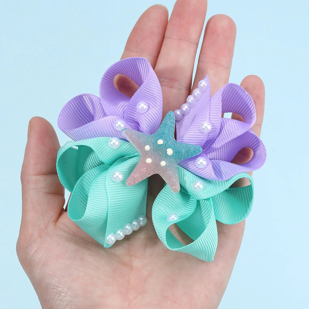 2Pcs Starfish Bow Hair Clips For Girls Sweet Ribbon Patchwork Cute Pearls Hairpins Kids School Trendy Headwear Accessories