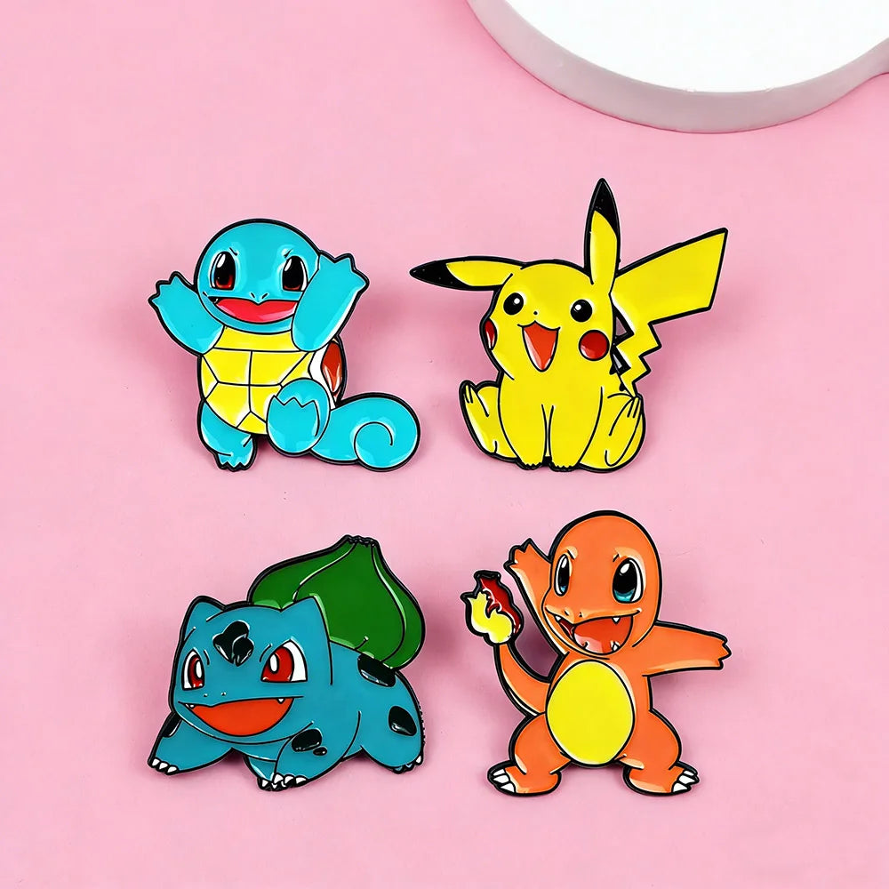 4Pcs Anime Pokemon Characters Enamel Brooch Badge Pikachu Charmander Squirtle Bulbasaur Figure Lapel Pins Gifts for Kids Fans