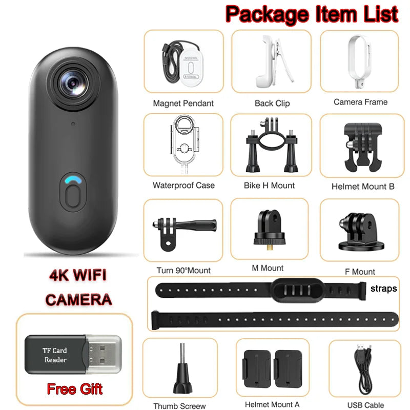 Kamera kieszonkowa 4K mini, magnetyczna, do vlogów, do sportów na świeżym powietrzu, do roweru, kamera Wi-Fi na ciało, nagrywająca wideo, do roweru, motocykla, wodoodporna kamera