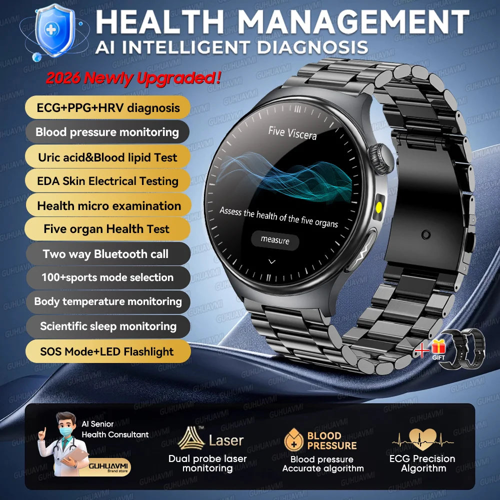 2026 New AI-Diagnosis Care Smartwatch ECG+PPG Accurate Uric Acid Blood Pressure Body Fat Five Organ Fitness Waterproof Smartwatc