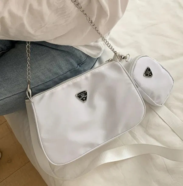 2-Piece Nylon Shoulder Bag Set: Chic Solid Color Handbags with Chain Strap for Daily Use & Travel