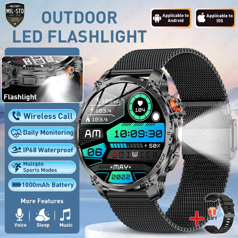 LIGE 2026 New Military 1000mAh Battery Smart Watch Men 5ATM Waterproof GPS Bluetooth Call AMOLED Display Sports Men Smartwatch