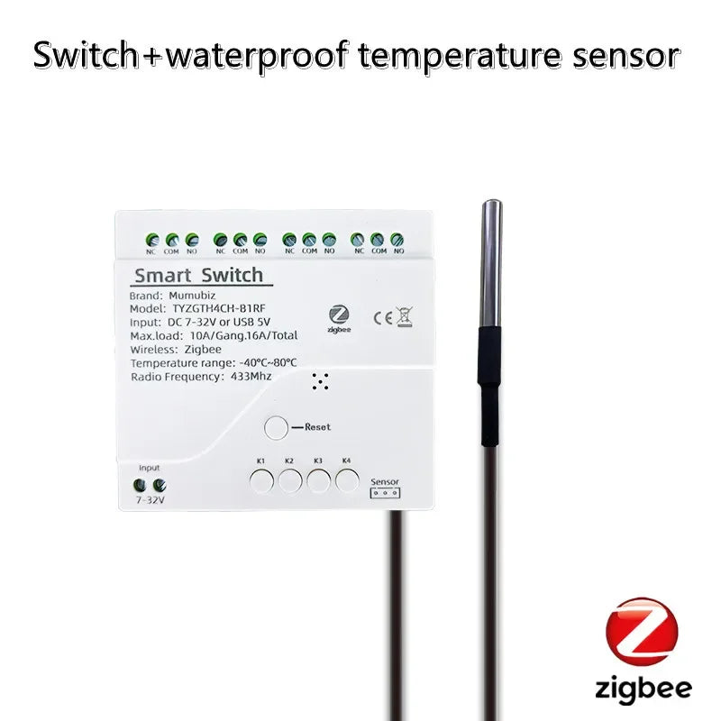 Tuya Zigbee 4 Gang Smart Switch with Temperature or Humidity Sensor Passive Dry Contact 32V 250V Switch Relay Alexa Compatible