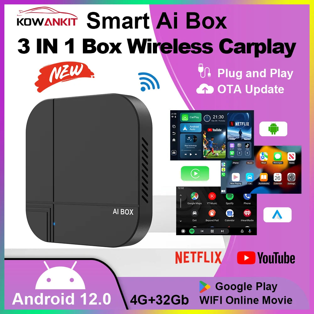 Kowankit 2026 4+32G Wireless CarPlay AI Smart Box 3 in 1 Android Auto Tv Box Netflix Youtube For Toyota Nissan Benz Honda Ford