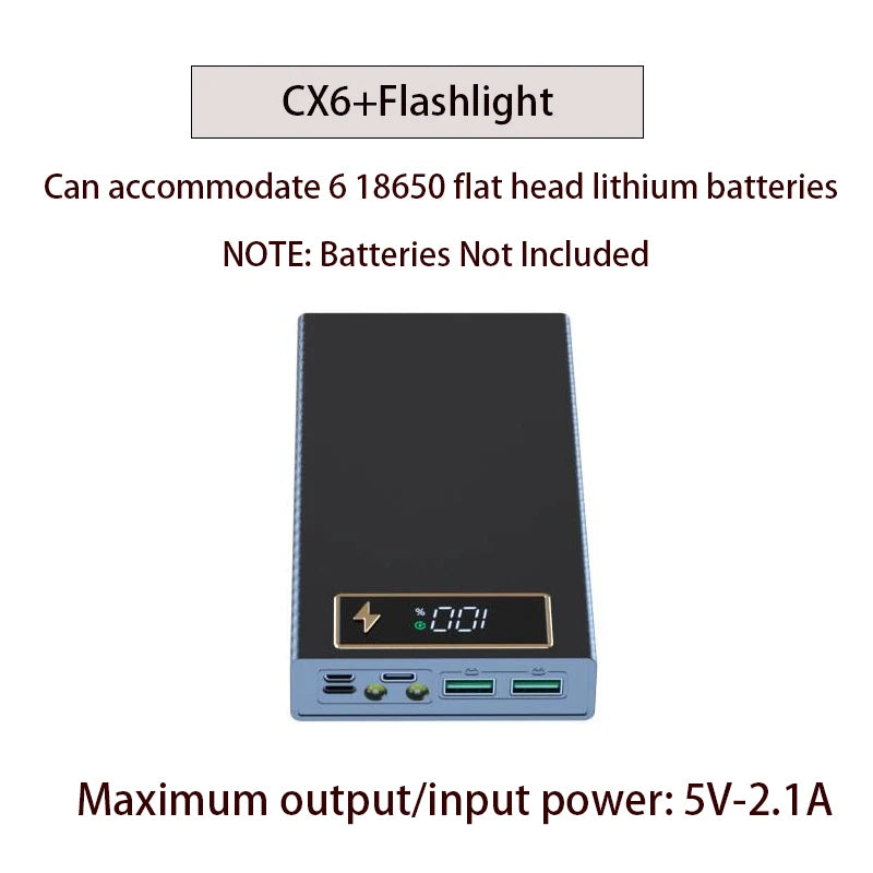 6* 18650 Power Bank Case Wireless Fast Charge PD CX6 For Smart Phone Charging Flashlight Dual USB DIY Battery Storage Boxes