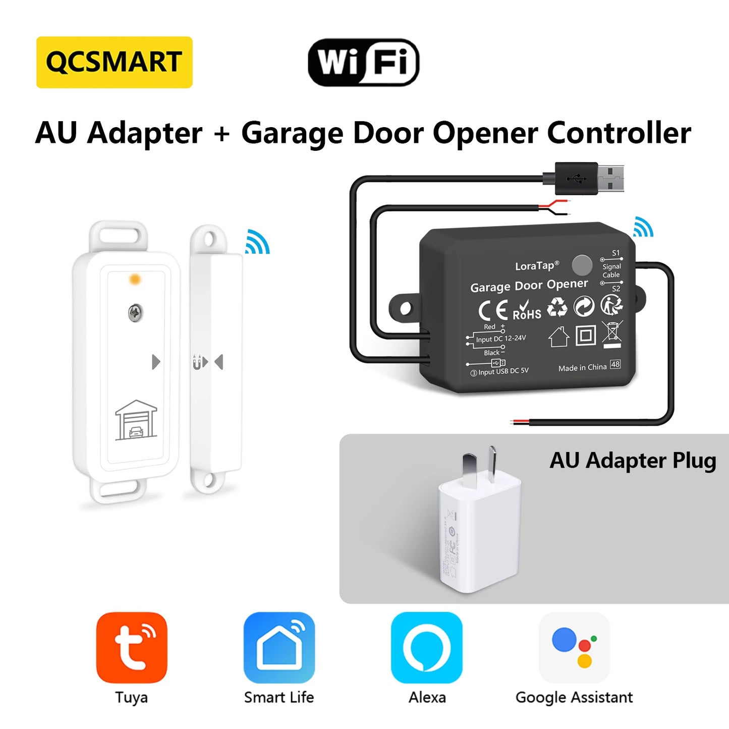 Tuya Smart Life Garage Door Wireless Door Sensor Opener Controller Contacts USB Charger Remote Control Google Assistant Alexa