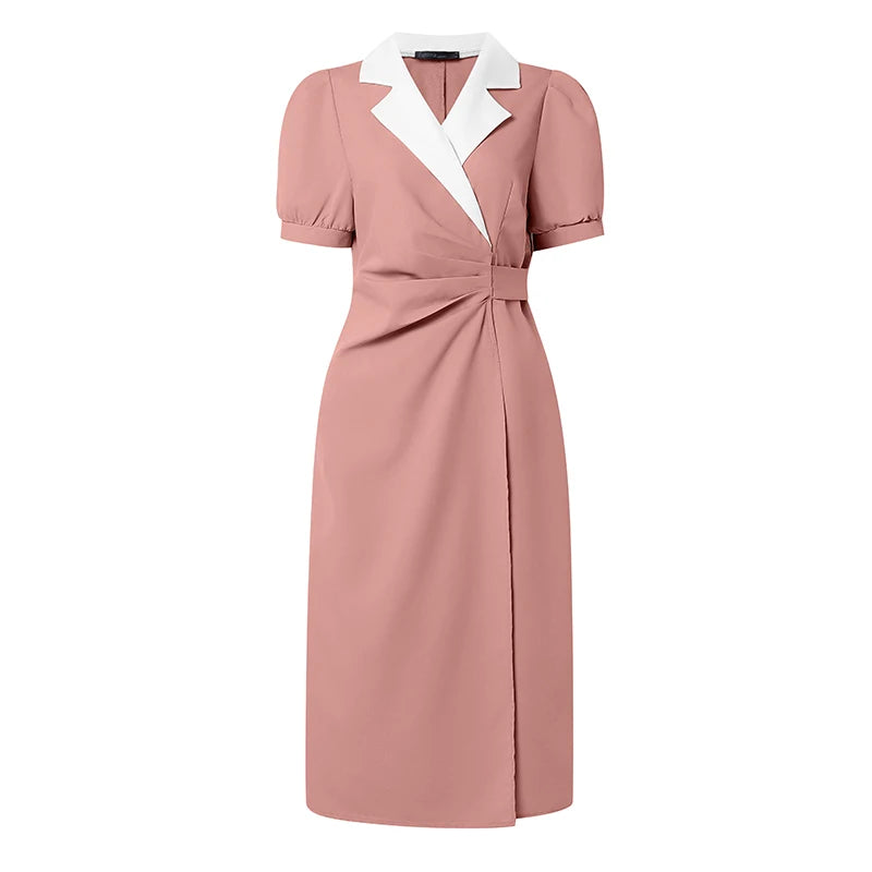 ZANZEA Elegant vColor-Blocked Bodycon A-Line Midi Dress Lapel Collar Short Puff Sleeves Ruched Waist Office Work Vestidos