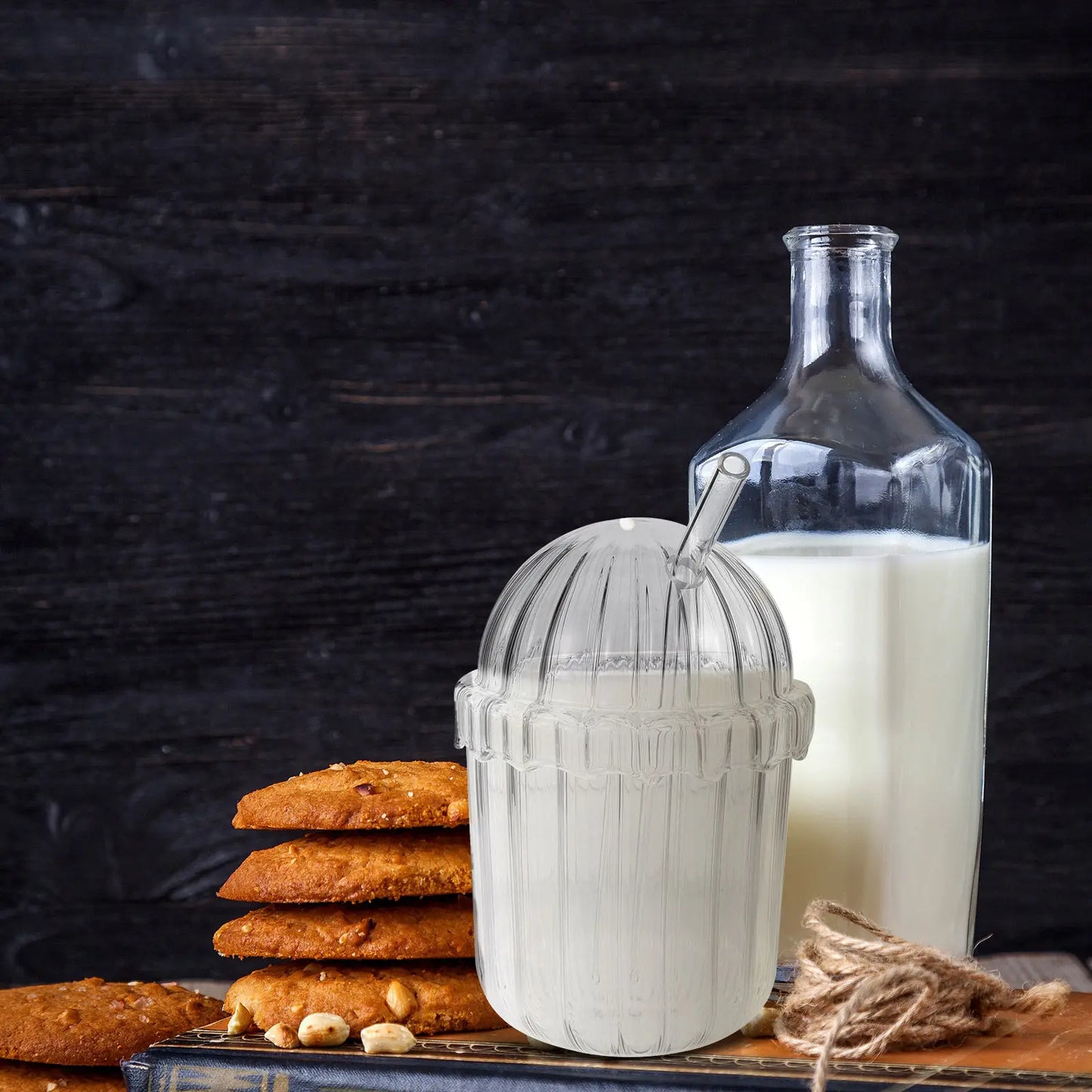 Glass Straw Cup High Borosilicate Clear Large Capacity Vertical Stripe Design Reusable Juice Milk Beverage Drinking Glass