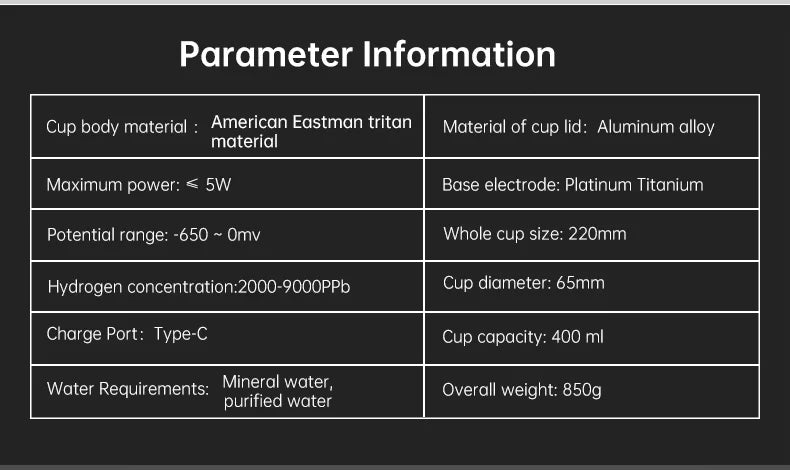 USB Battery-Powered Portable Hydrogen-Rich Water Cup 6000 Ppb 9000 Ppb for Home And Car Use