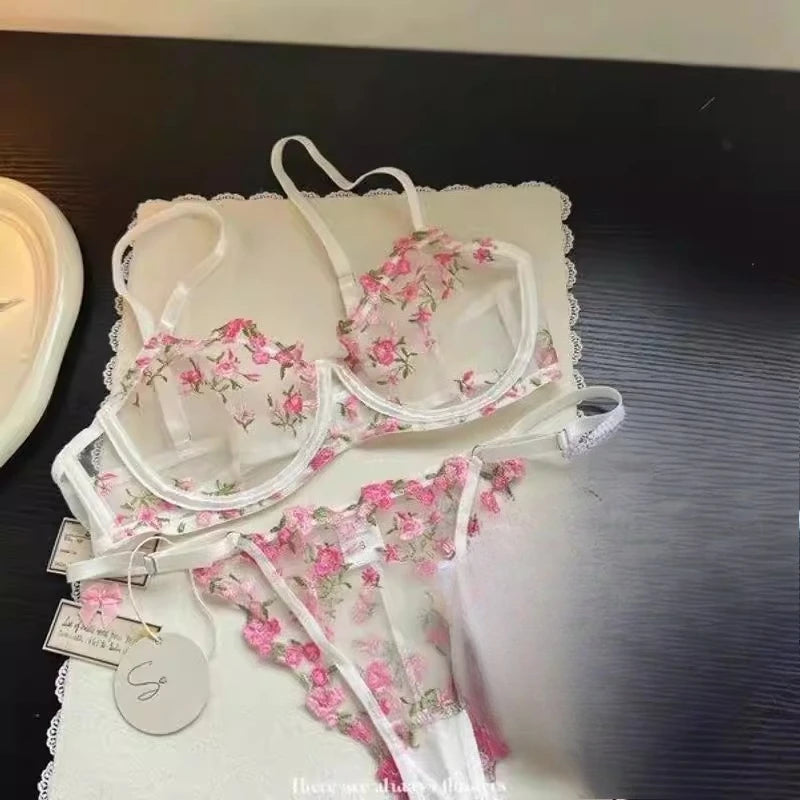 European Women Alluring Sheer Lace Embroidery Underwire Bra, Big Bust Support Minimize Anti‑Sagging Soft Lingerie S‑XL Bra Set