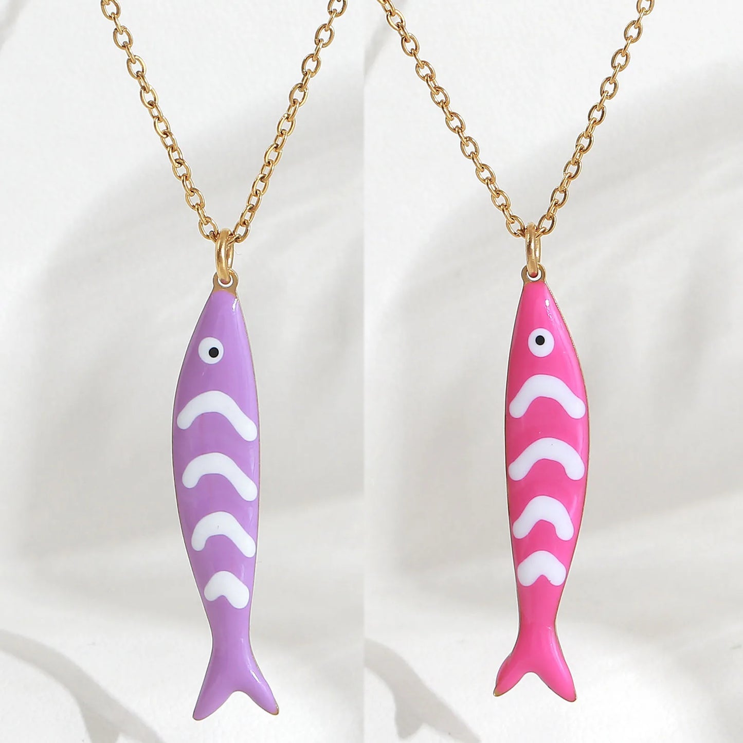 Cute Colorful Enamel Fish Pendant Necklaces For Women Girls Lovely Stainless Steel Gold Color Summer Waterproof Beach Jewelry