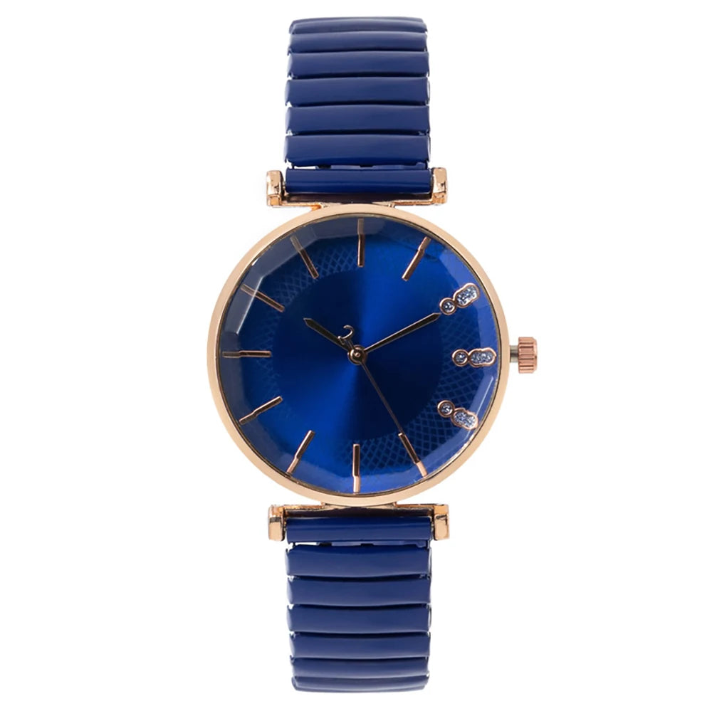 Luxury Treasure Blue Crystal Ladies Quartz Watch - Casual Stainless Steel Stretch Strap Fashion Women's Dress Clock