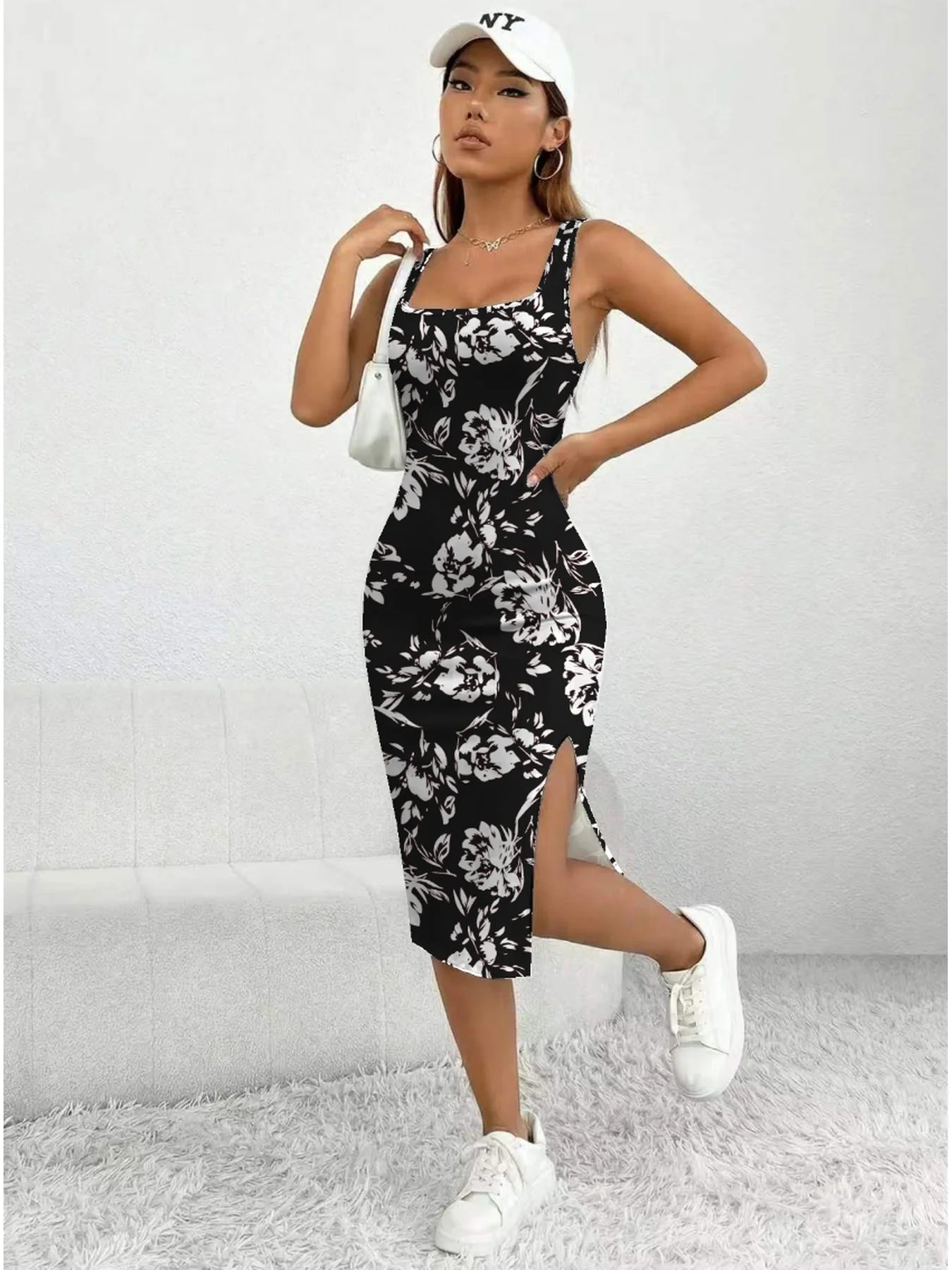 Women's Summer Casual Elegant Comfortable Square Neck Geometric Pattern Floral Pattern Slit Dress Mid Length Skirt