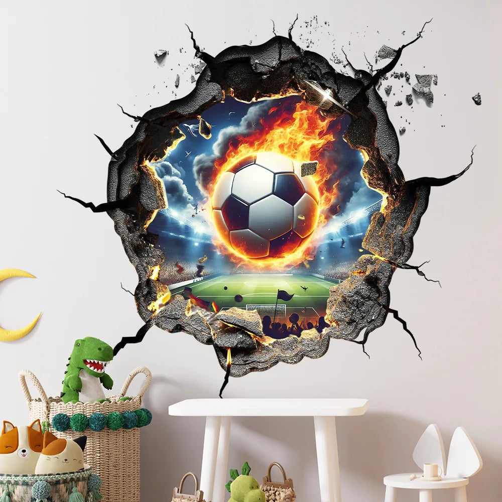 30x60cm Firepower Football Hole Breaking Wall Sticker Soccer Match Celebration Wall Decor Sport Boy Happy Birthday Party Decors