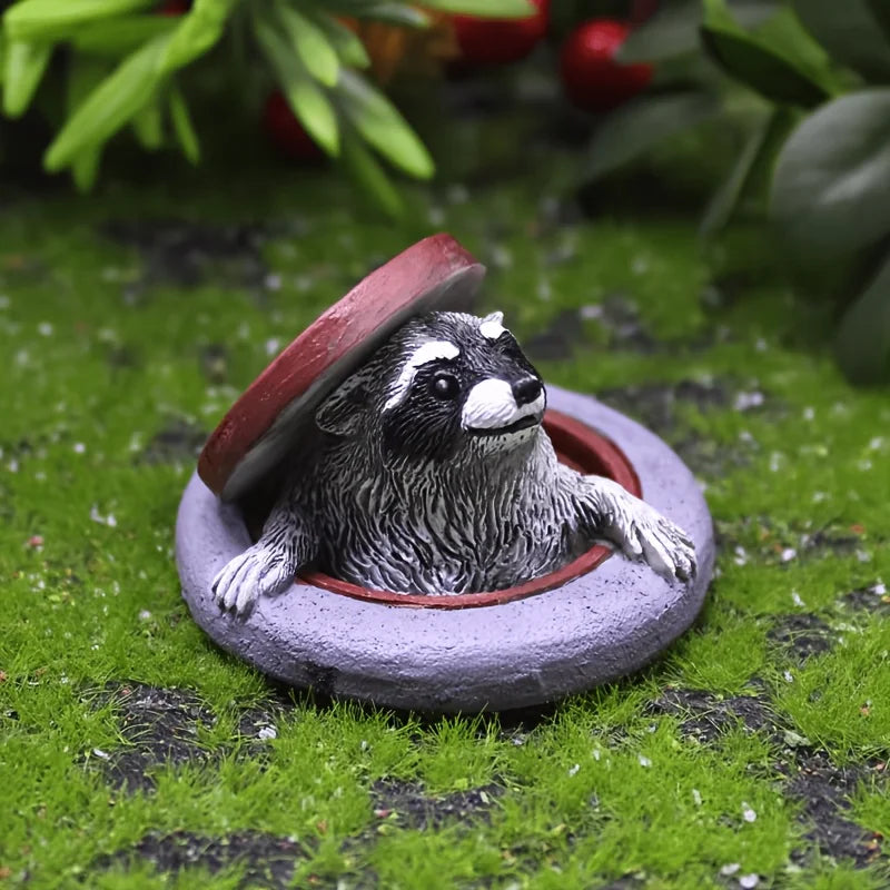 Cute Resin Raccoon Peeking from Manhole Cover - Mini Garden Collectible for Animal Lovers
