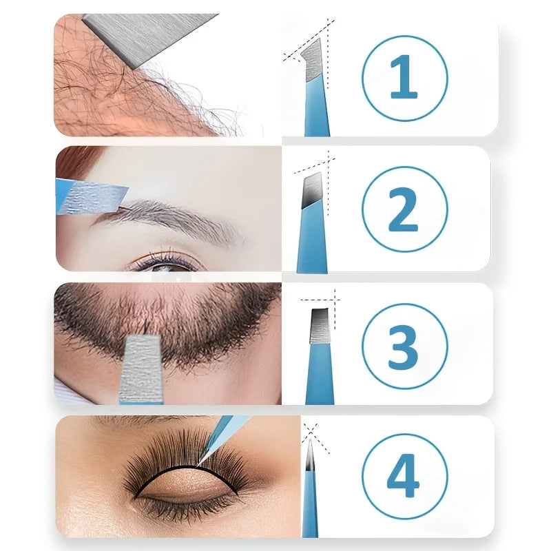 Eyebrow Tweezers 4 Pcs Set & Fine Hair Puller Stainless Steel Slanted Tips Non-Slip Grip Handle Precision Brow Trimmer