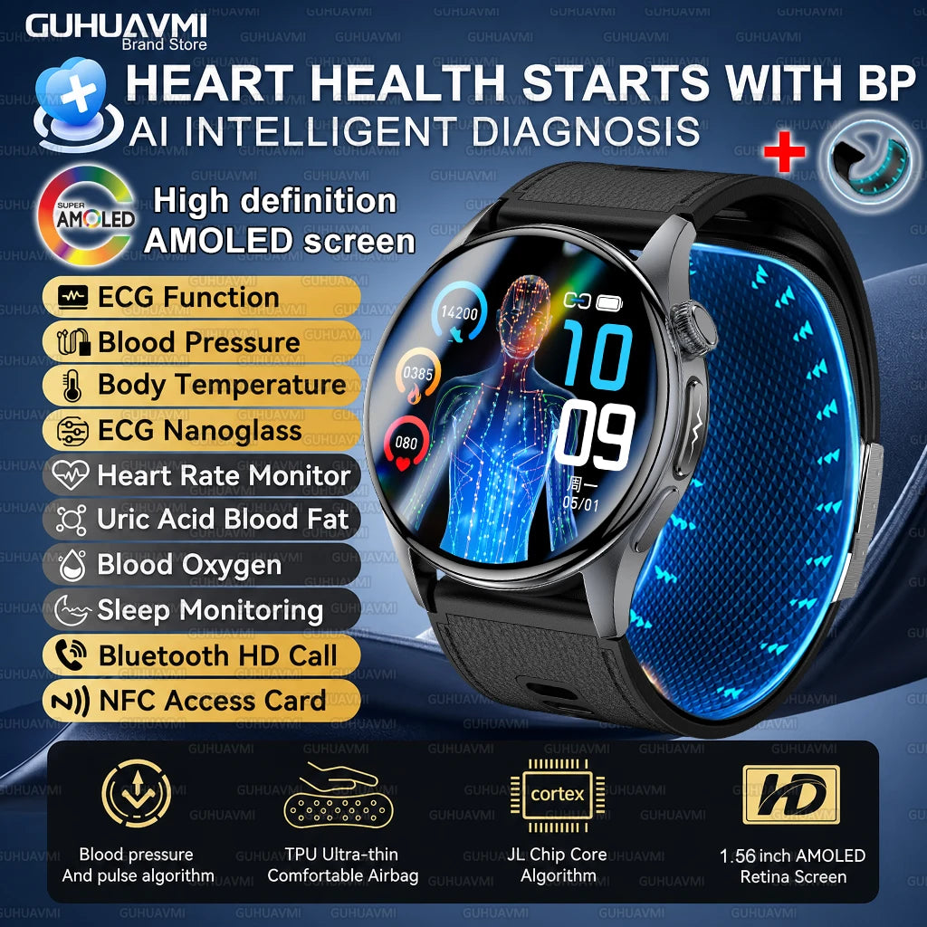 2026 New Nursing Grade Air Pump Airbag Smart watch Cuff Blood Pressure Detection ECG+PPG Multi Health Monitoring Smart Watches