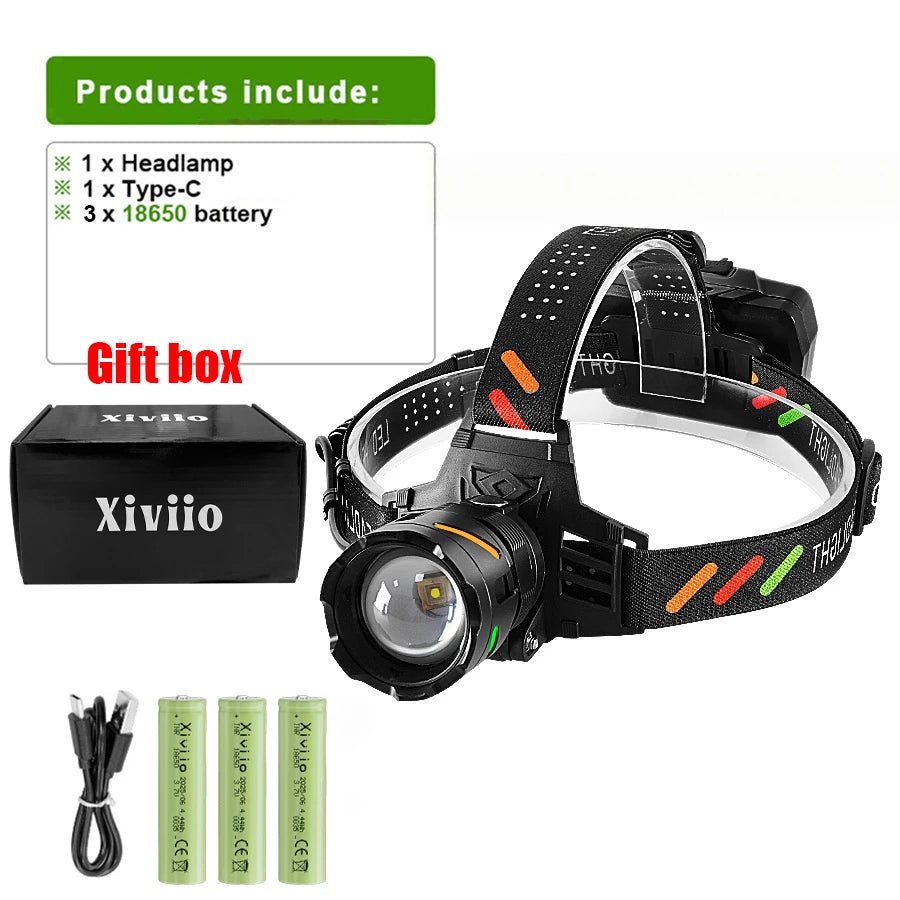 90000000LM Most Powerful LED Headlamp Ultra Bright 4500M Head Flashlight Rechargeable Head Torch Fishing Hunting Headlight 18650