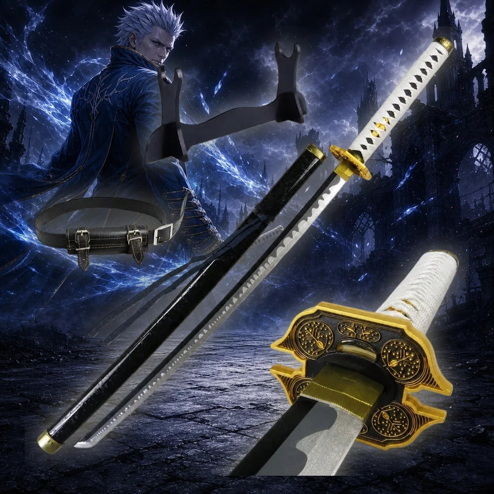 40inch 101cm Katana Sword Devil May Cry Vergil Yamato Wood Bamboo Blade Anime Cosplay Costume Prop Belt Holster Stand Holder Samurai Ninja Katana Wooden Sword Sabre Schwert Manga Game Cosplay Katana Toy Gift Collection Displa
