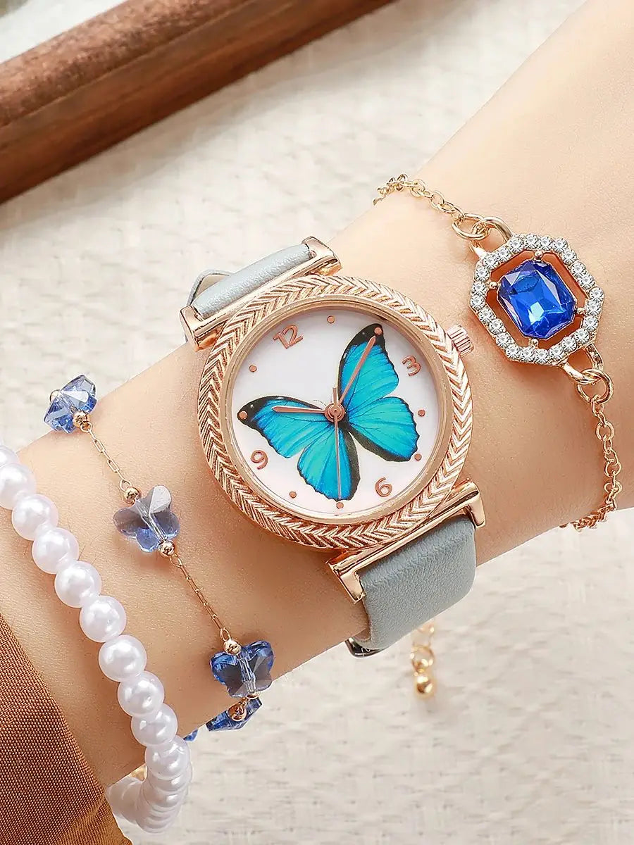 Dreamy Blue Butterfly Watch Jewelry Set | Grey Leather Strap | Pearl & Crystal Accents | 3-Piece Gift Set for Women