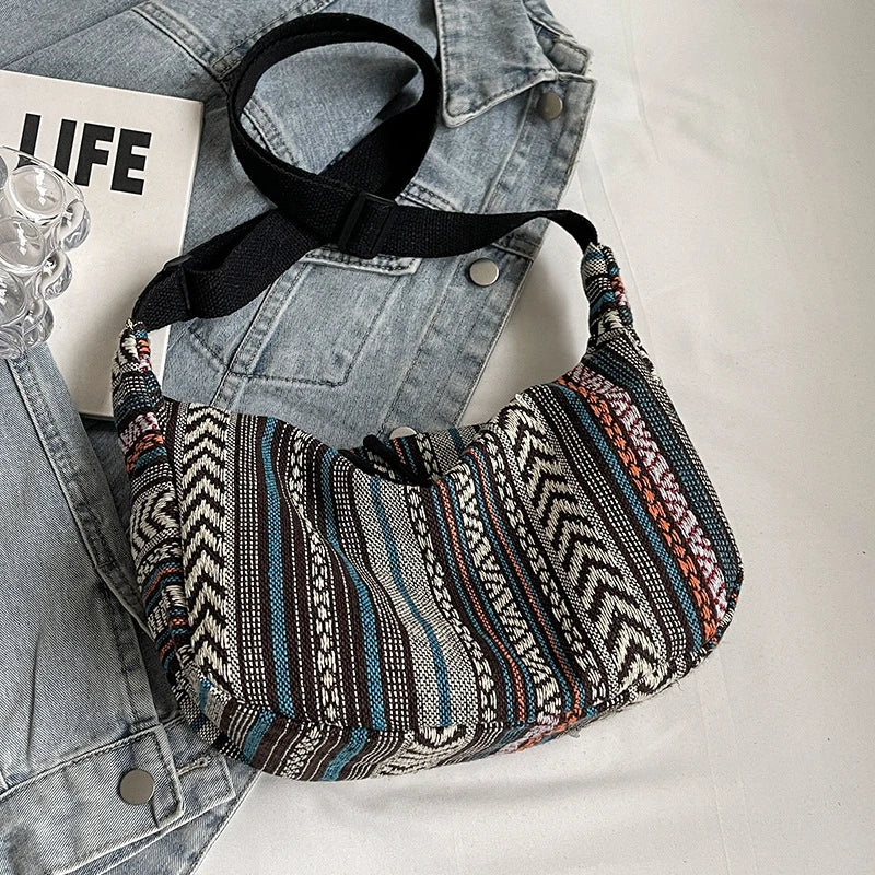 1pcs Crossbody Bags Tribal Style Shoulder Bag Foldable Crossbody Striped Pattern Flag Theme Hand Washable Edge Painted Lining