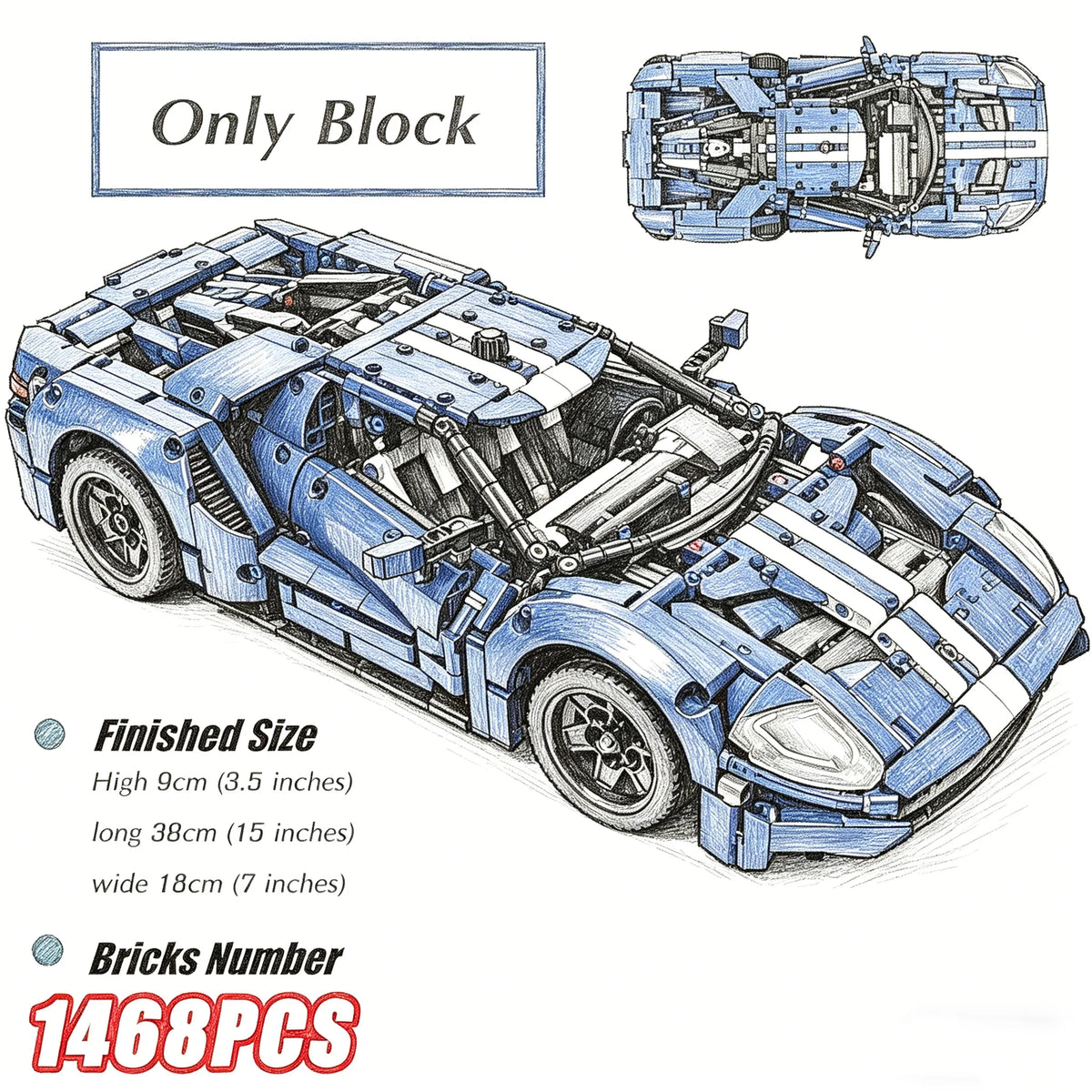 1:8 Scale 1468Pcs Technical Speed Champion Performance Racing Car Detailed Building Block Car Display Model Car Vehicle Gift Toy