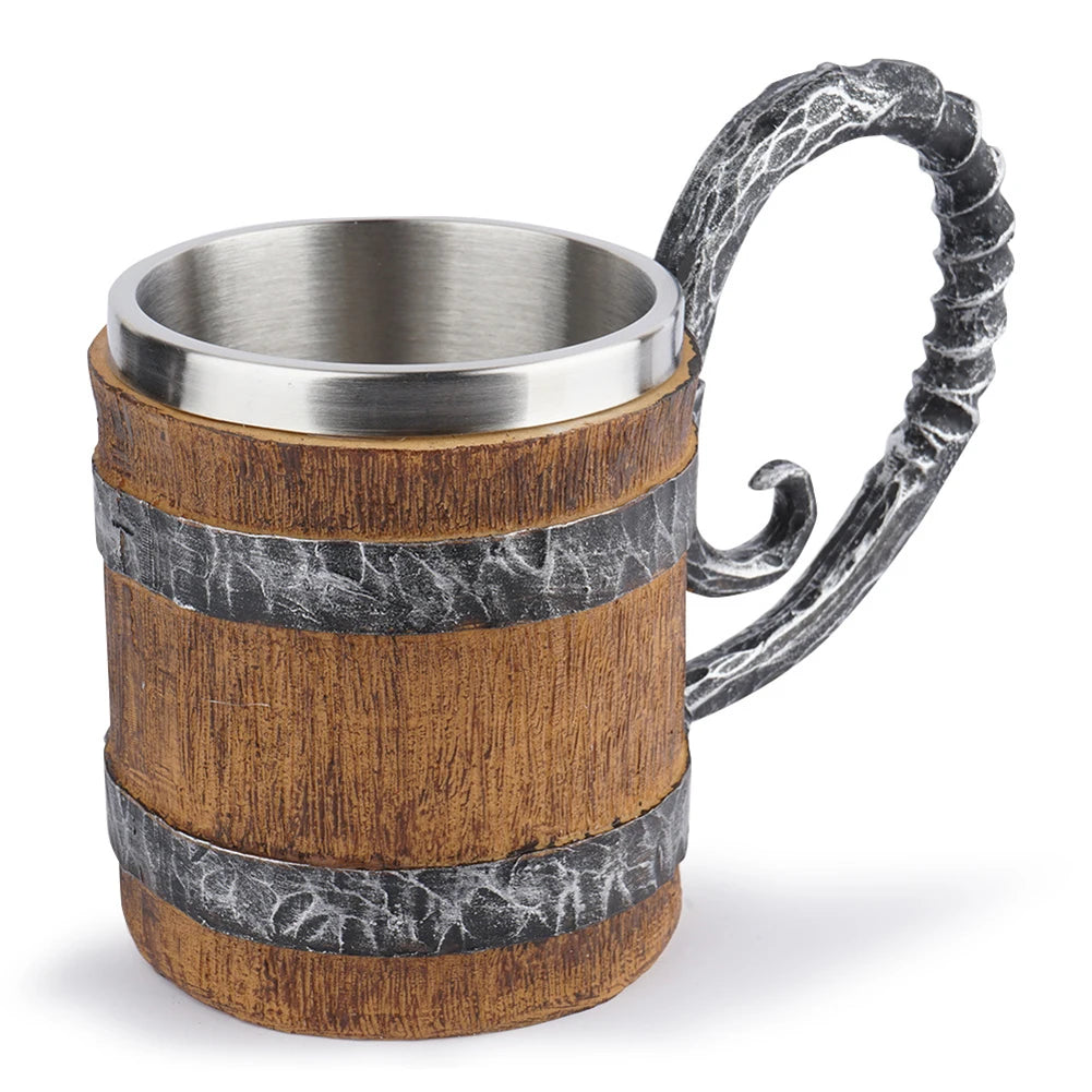 Wooden Barrel Beer Cup Stainless Steel Coffee Mug Viking Style Vintage Beer Mug Double Wall Drinking Cup Halloween Bar Drinkware