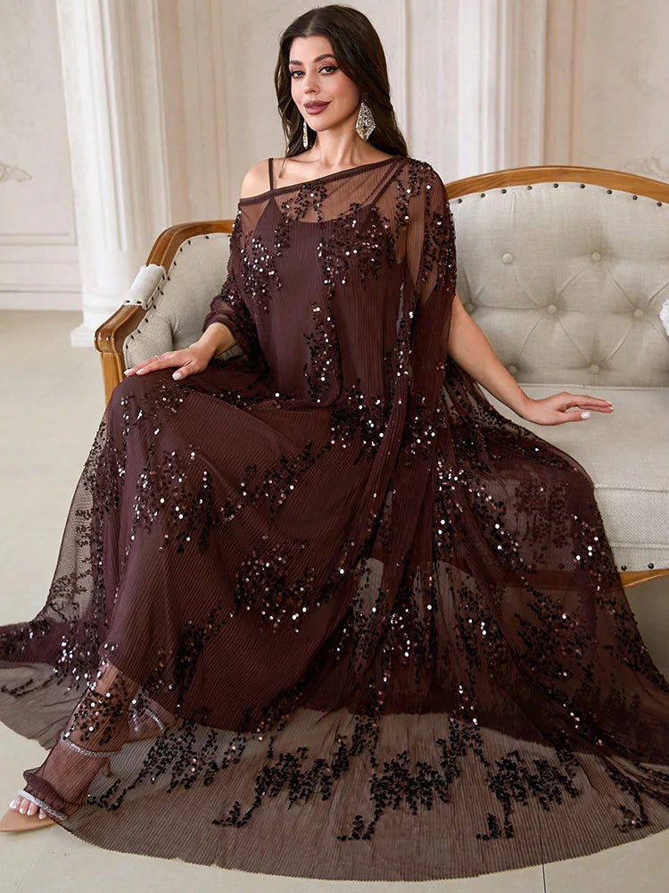 TOLEEN Elegant Round Batwing Sleeve Women's Robe, Decorated With Contrast Sequins And Ruffle Details, Non-Stretch Fabric Spring