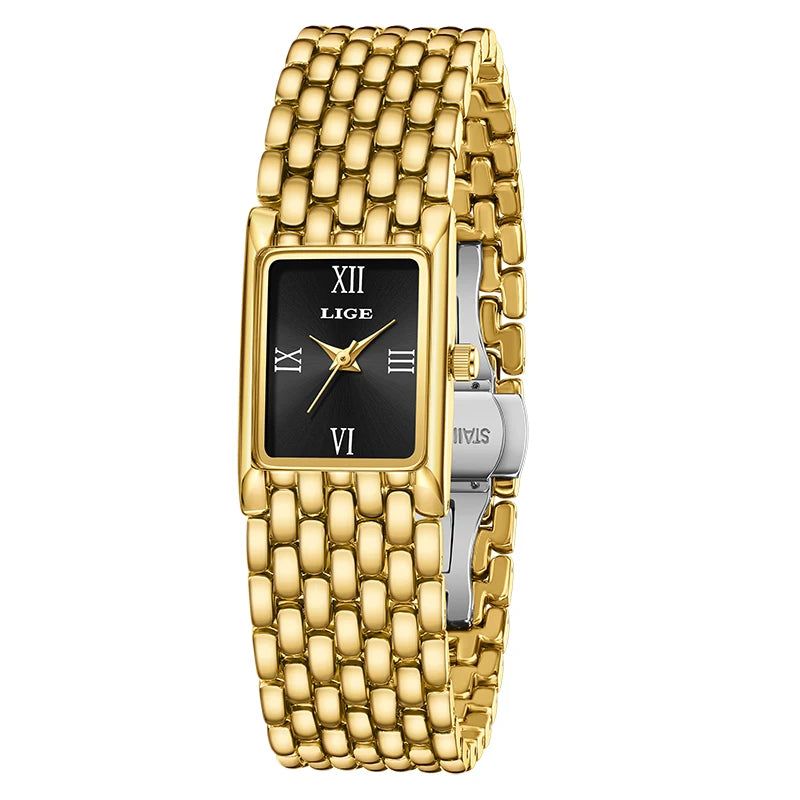 LIGE New Design Ladies Watch Fashion Quartz Wristwatch Silver Simple Square Women Watches Luxury Stainless Steel Folding Clock